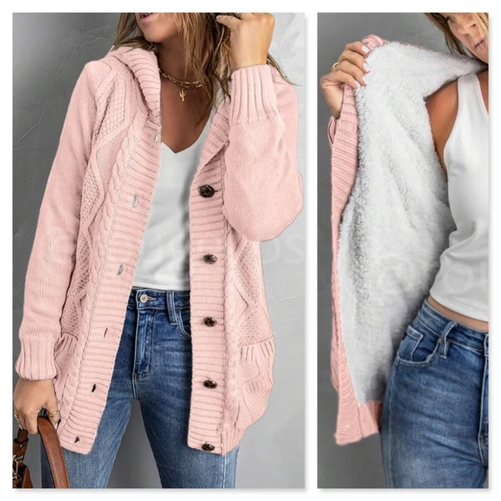 Pink Sherpa Knit Hooded Cardigan Front Pockets Long Sleeves Hip Length - Picture 1 of 17